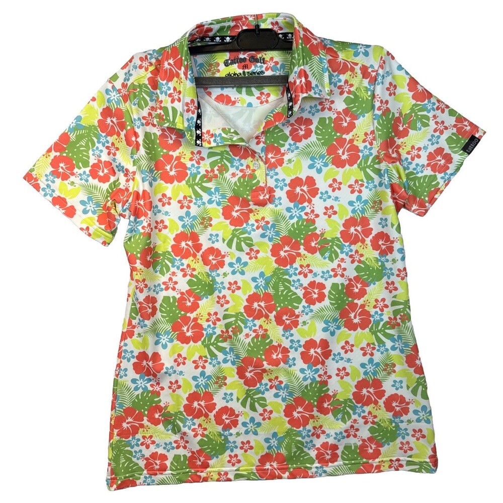 Tattoo Golf Aloha II Series Polo Shirt Medium M Tropical Floral Skull Performanc
